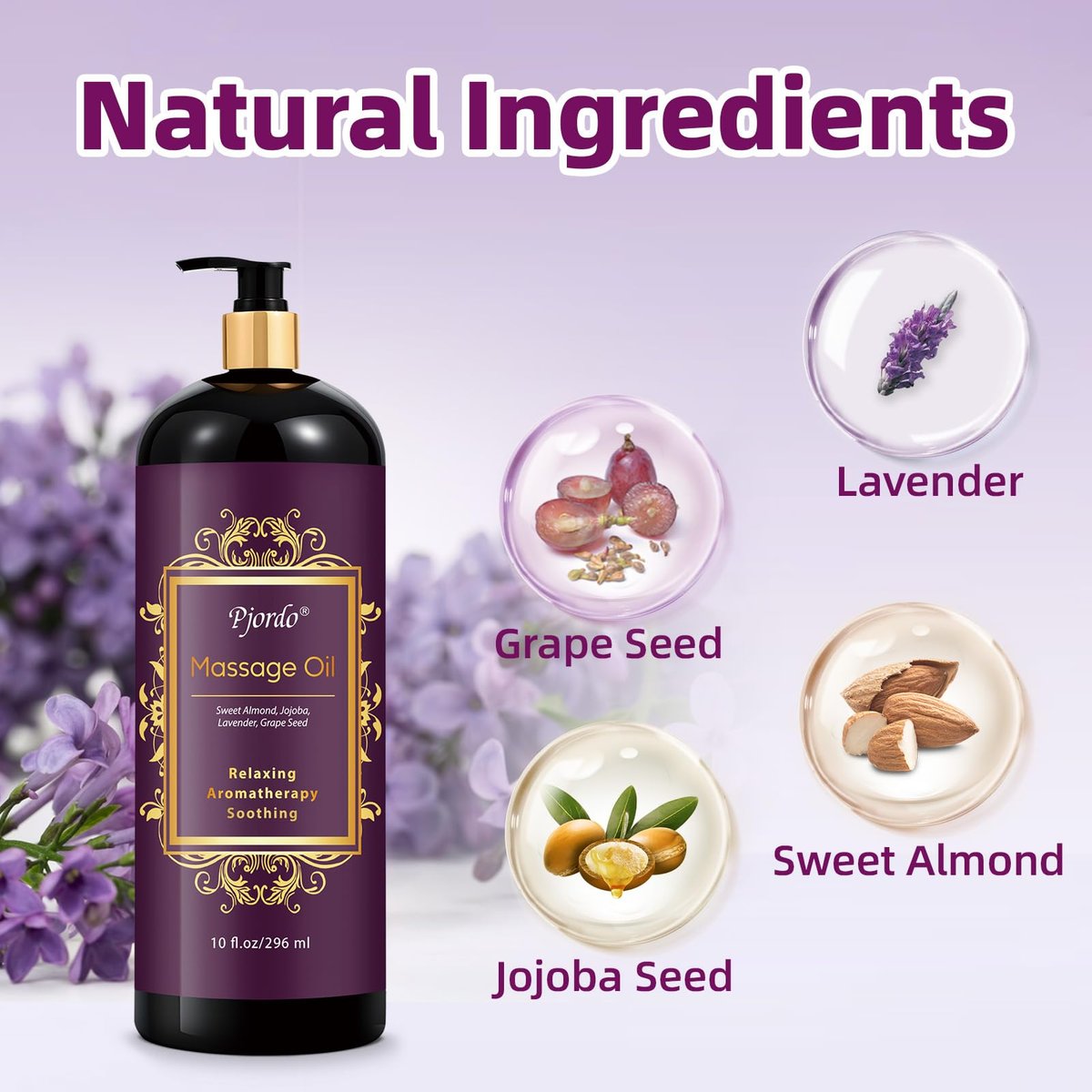 Pjordo Aromatherapie Lavendel Massageöl, 300 ml – Entspannendes Massageöl mit Traubenkern-, Süßmandel- und Jojobaöl für wohltuende, beruhigende Massagen