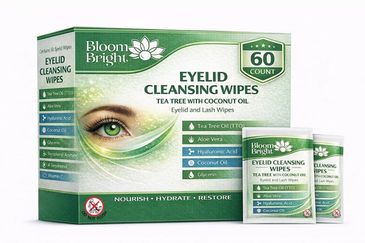 Teebaumöl Augenlid- und Wimpern-Reinigungstücher mit Kokosnuss, Hyaluronsäure, grünem Tee, Kamille, Aloe Vera – Make-up-Entferner und täglicher Reiniger für juckende, gereizte Augen und Gerstenkörner, 60 Stück
