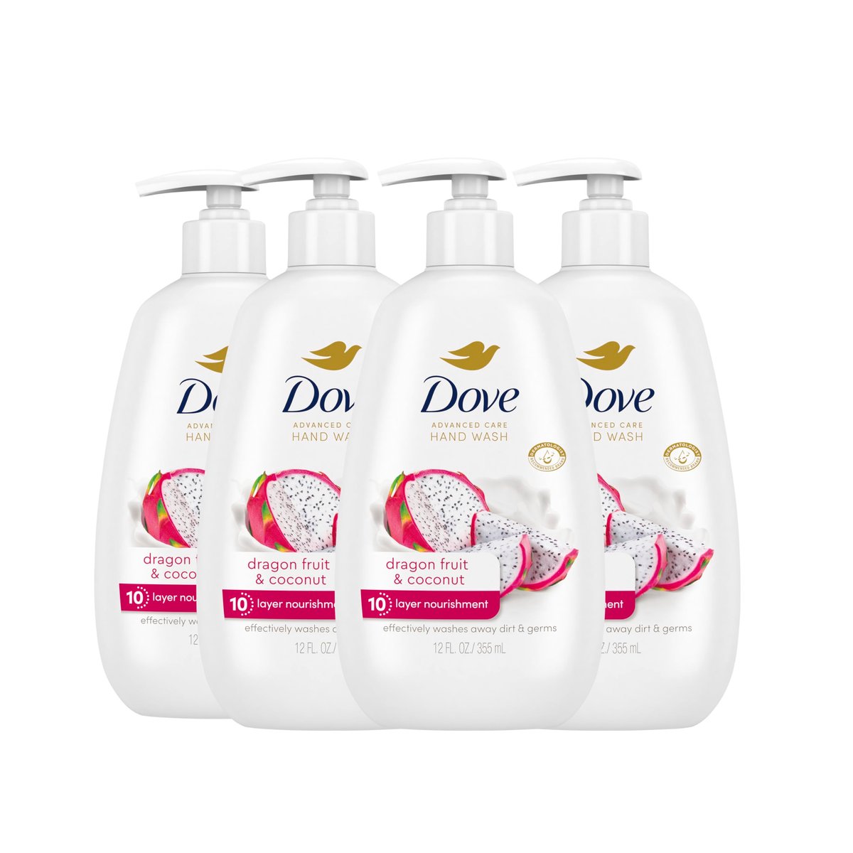 Dove Advanced Care Hand Waschmittel Drachenfrucht & Kokosnuss, 4er-Pack (12 oz) für wirksame Reinigung und 10-fache Pflege