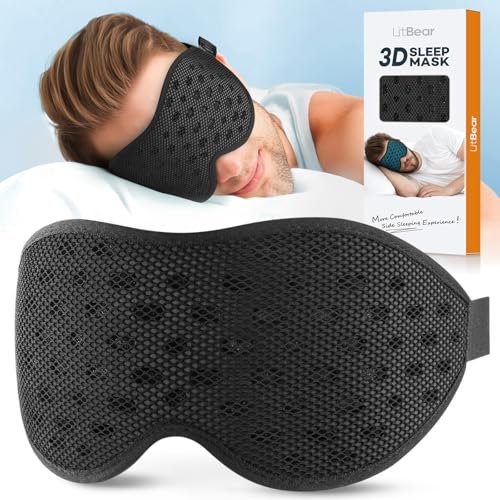 LitBear Atmungsaktive Schlafmaske, 3D Augenmaske für Seitenschläfer, lichtblockierende Schlafmaske mit verstellbarem Band, weiche leichte Augenabdeckung für Reisen, Nachtschicht, Nickerchen, Büro - Schwarz