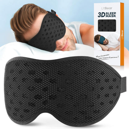 LitBear Atmungsaktive Schlafmaske, 3D Augenmaske für Seitenschläfer, lichtblockierende Schlafmaske mit verstellbarem Band, weiche leichte Augenabdeckung für Reisen, Nachtschicht, Nickerchen, Büro - Schwarz