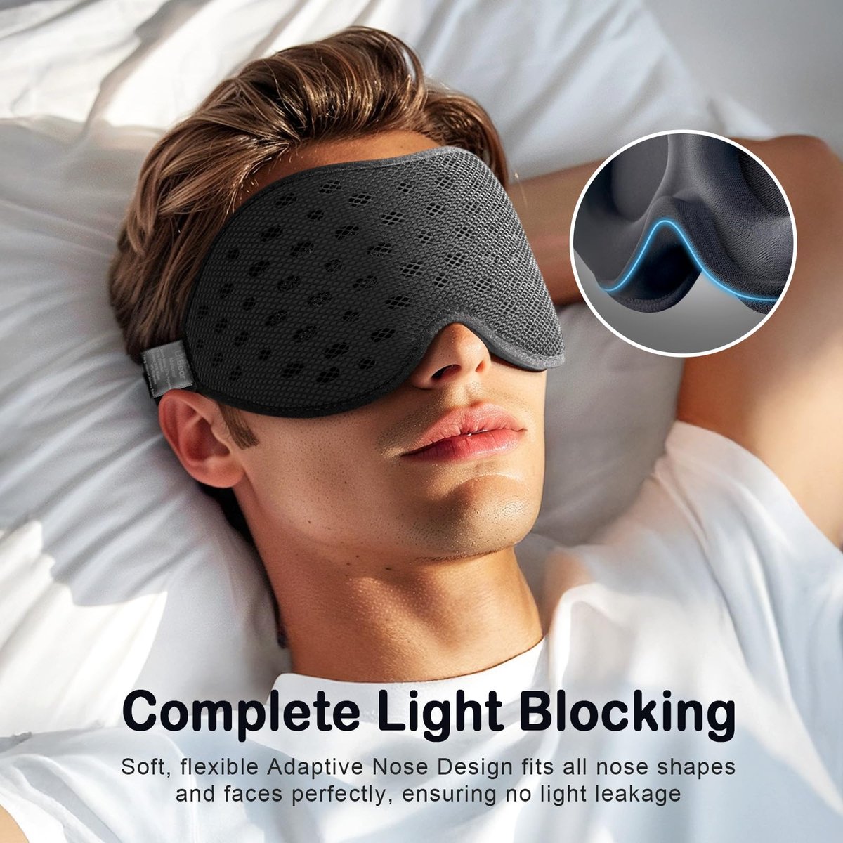 LitBear Atmungsaktive Schlafmaske, 3D Augenmaske für Seitenschläfer, lichtblockierende Schlafmaske mit verstellbarem Band, weiche leichte Augenabdeckung für Reisen, Nachtschicht, Nickerchen, Büro - Schwarz