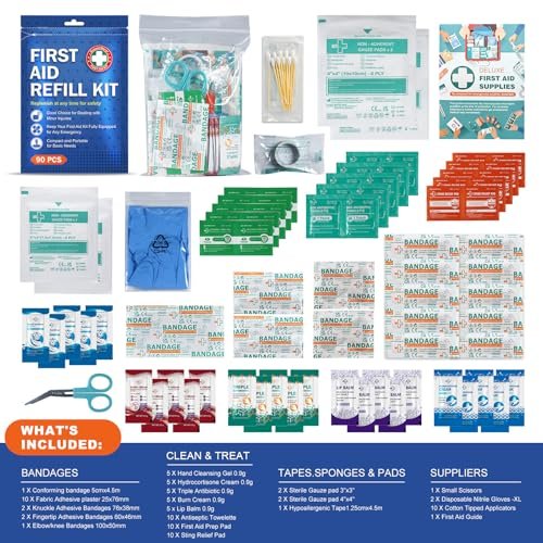 SuccorWare 90-teiliges Erste-Hilfe-Nachfüllset – Wundversorgungsset mit Verbänden für Zuhause, Reisen, Wandern – Tragbares Ersatzset für Erste-Hilfe-Medizinbedarf (1 Set)