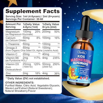 Hovika Magnesium Glycinat Flüssig für Kinder - mit L-Theanin, Omega-3, Vitamin B6, D3, Zink - Magnesium Tropfen für Schlaf, Entspannung, Ruhe & Konzentration - 60 ml, Erdbeergeschmack