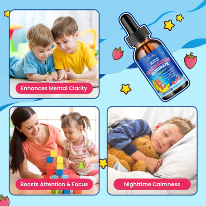 Hovika Magnesium Glycinat Flüssig für Kinder - mit L-Theanin, Omega-3, Vitamin B6, D3, Zink - Magnesium Tropfen für Schlaf, Entspannung, Ruhe & Konzentration - 60 ml, Erdbeergeschmack