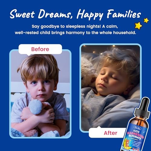 Hovika Magnesium Glycinat Flüssig für Kinder - mit L-Theanin, Omega-3, Vitamin B6, D3, Zink - Magnesium Tropfen für Schlaf, Entspannung, Ruhe & Konzentration - 60 ml, Erdbeergeschmack