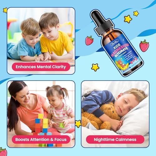 Hovika Magnesium Glycinat Flüssig für Kinder - mit L-Theanin, Omega-3, Vitamin B6, D3, Zink - Magnesium Tropfen für Schlaf, Entspannung, Ruhe & Konzentration - 60 ml, Erdbeergeschmack