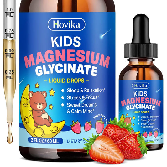 Hovika Magnesium Glycinat Flüssig für Kinder - mit L-Theanin, Omega-3, Vitamin B6, D3, Zink - Magnesium Tropfen für Schlaf, Entspannung, Ruhe & Konzentration - 60 ml, Erdbeergeschmack