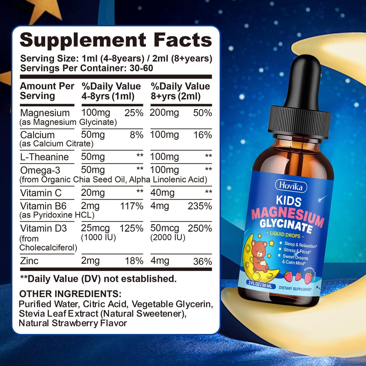 Hovika Magnesium Glycinat Flüssig für Kinder - mit L-Theanin, Omega-3, Vitamin B6, D3, Zink - Magnesium Tropfen für Schlaf, Entspannung, Ruhe & Konzentration - 60 ml, Erdbeergeschmack