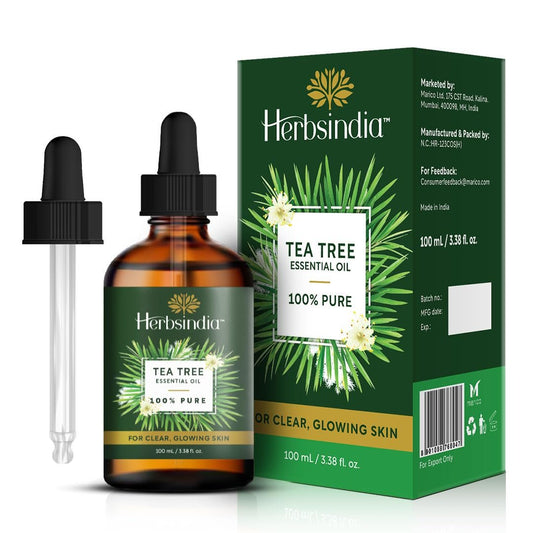 HerbsIndia Teebaumöl für die Haut - 100 ml - 100% rein, unverdünnt, Premium-Qualität mit Glaspipette, Non-GMO