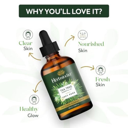 HerbsIndia Teebaumöl für die Haut - 100 ml - 100% rein, unverdünnt, Premium-Qualität mit Glaspipette, Non-GMO