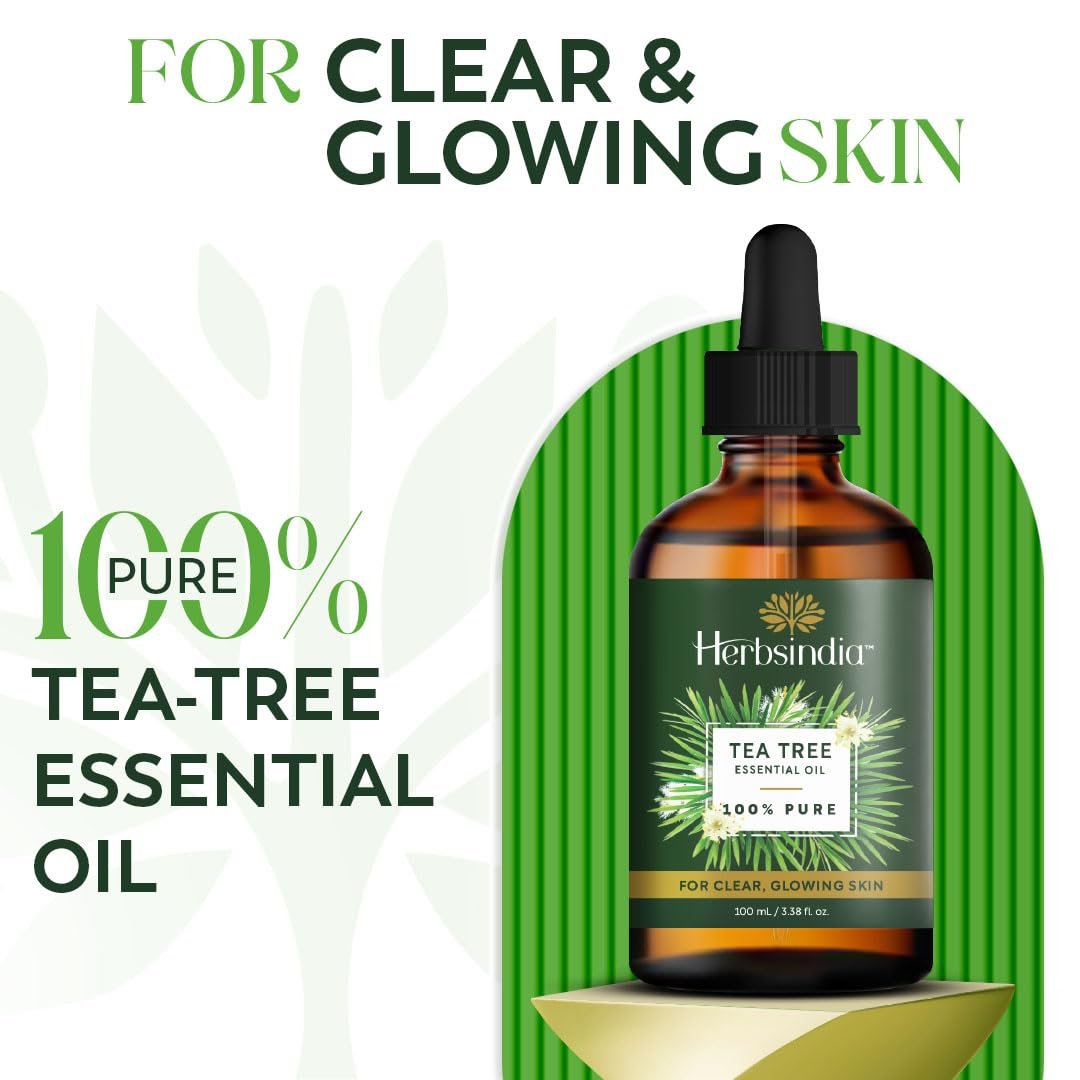 HerbsIndia Teebaumöl für die Haut - 100 ml - 100% rein, unverdünnt, Premium-Qualität mit Glaspipette, Non-GMO