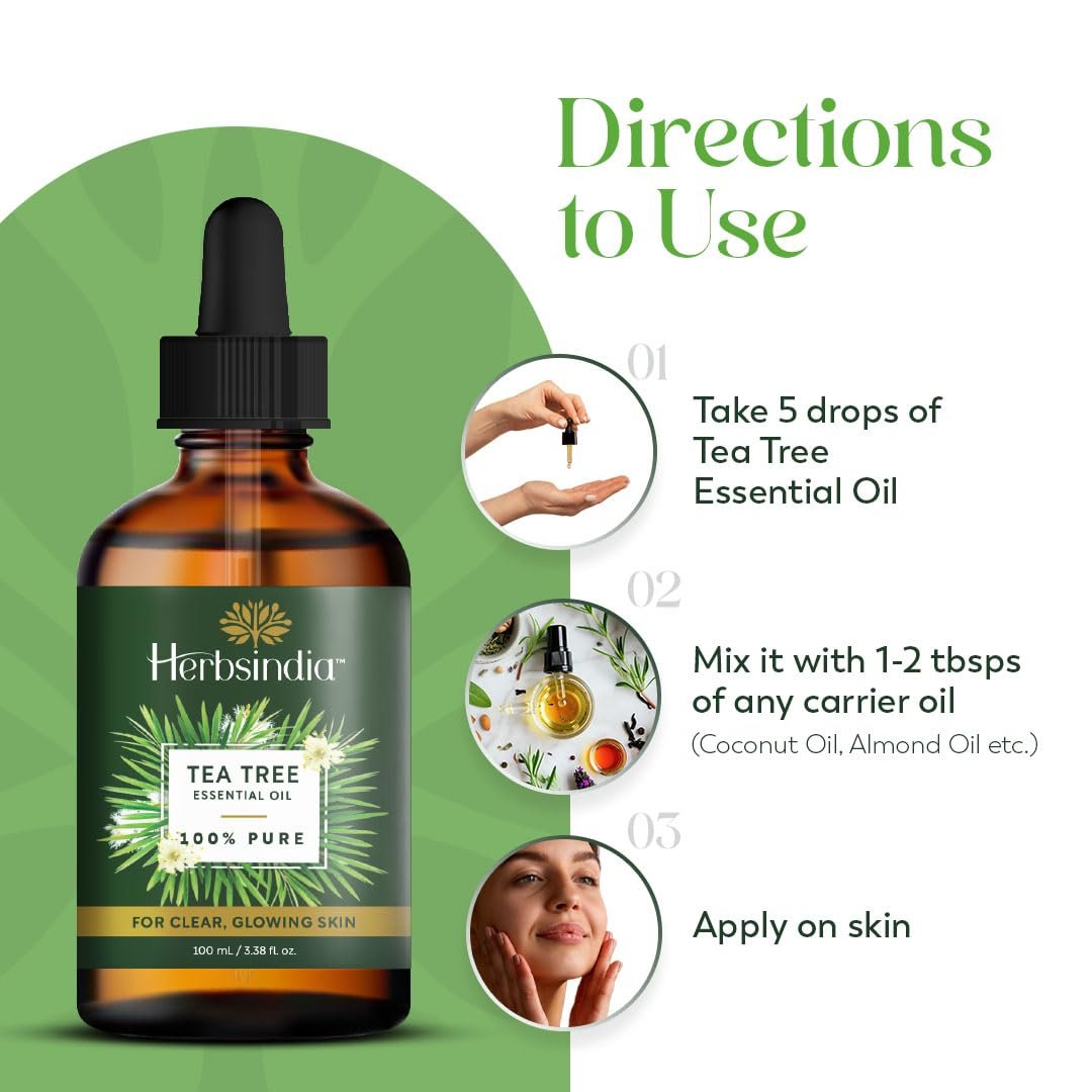 HerbsIndia Teebaumöl für die Haut - 100 ml - 100% rein, unverdünnt, Premium-Qualität mit Glaspipette, Non-GMO