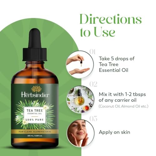 HerbsIndia Teebaumöl für die Haut - 100 ml - 100% rein, unverdünnt, Premium-Qualität mit Glaspipette, Non-GMO