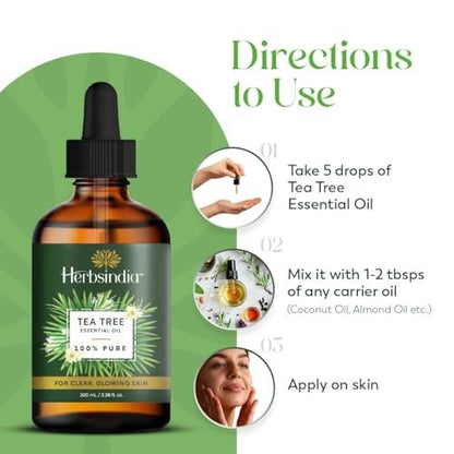 HerbsIndia Teebaumöl für die Haut - 100 ml - 100% rein, unverdünnt, Premium-Qualität mit Glaspipette, Non-GMO