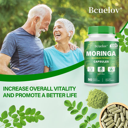 Moringa Kapseln | 800 mg reines Moringa-Pulver – Unterstützt Energie, Haut- und Darmgesundheit, Immunsystem – Grünes Superfood mit Vitaminen & Aminosäuren (90 Kapseln)