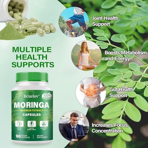 Moringa Kapseln | 800 mg reines Moringa-Pulver – Unterstützt Energie, Haut- und Darmgesundheit, Immunsystem – Grünes Superfood mit Vitaminen & Aminosäuren (90 Kapseln)