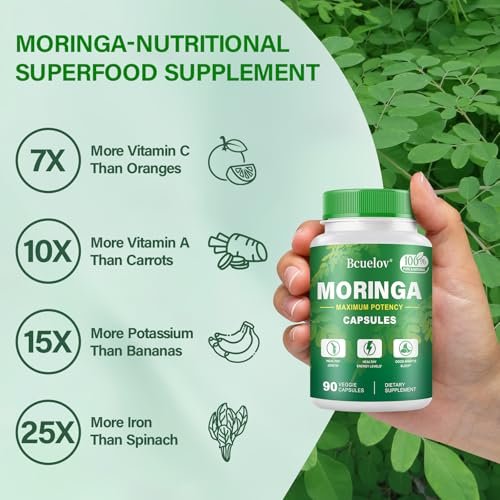 Moringa Kapseln | 800 mg reines Moringa-Pulver – Unterstützt Energie, Haut- und Darmgesundheit, Immunsystem – Grünes Superfood mit Vitaminen & Aminosäuren (90 Kapseln)