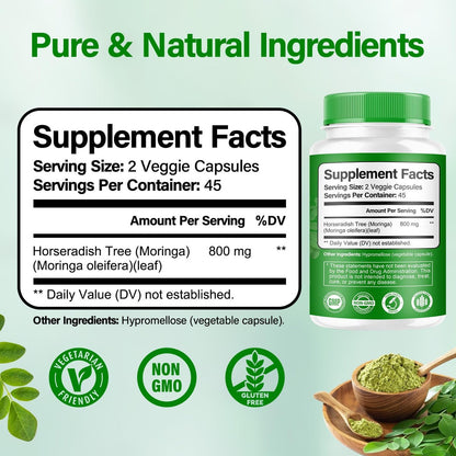 Moringa Kapseln | 800 mg reines Moringa-Pulver – Unterstützt Energie, Haut- und Darmgesundheit, Immunsystem – Grünes Superfood mit Vitaminen & Aminosäuren (90 Kapseln)