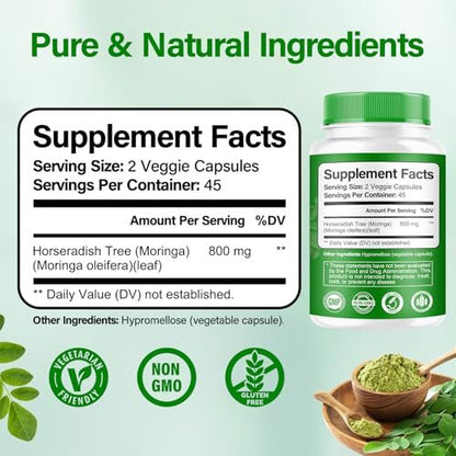 Moringa Kapseln | 800 mg reines Moringa-Pulver – Unterstützt Energie, Haut- und Darmgesundheit, Immunsystem – Grünes Superfood mit Vitaminen & Aminosäuren (90 Kapseln)