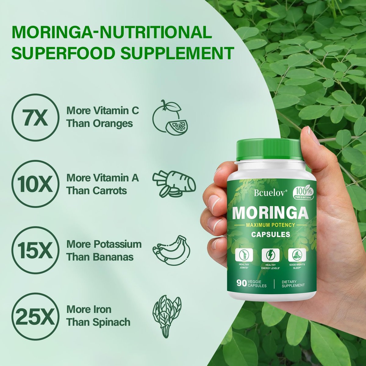 Moringa Kapseln | 800 mg reines Moringa-Pulver – Unterstützt Energie, Haut- und Darmgesundheit, Immunsystem – Grünes Superfood mit Vitaminen & Aminosäuren (90 Kapseln)