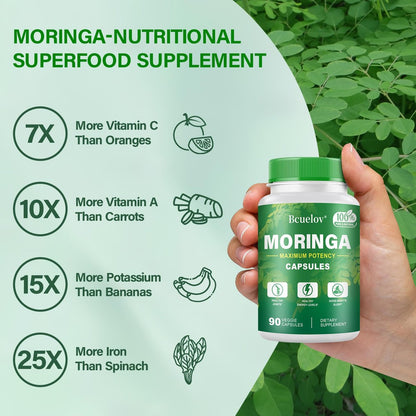 Moringa Kapseln | 800 mg reines Moringa-Pulver – Unterstützt Energie, Haut- und Darmgesundheit, Immunsystem – Grünes Superfood mit Vitaminen & Aminosäuren (90 Kapseln)