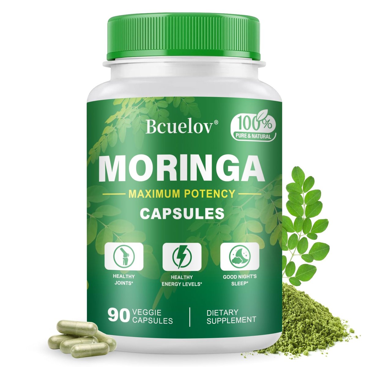 Moringa Kapseln | 800 mg reines Moringa-Pulver – Unterstützt Energie, Haut- und Darmgesundheit, Immunsystem – Grünes Superfood mit Vitaminen & Aminosäuren (90 Kapseln)