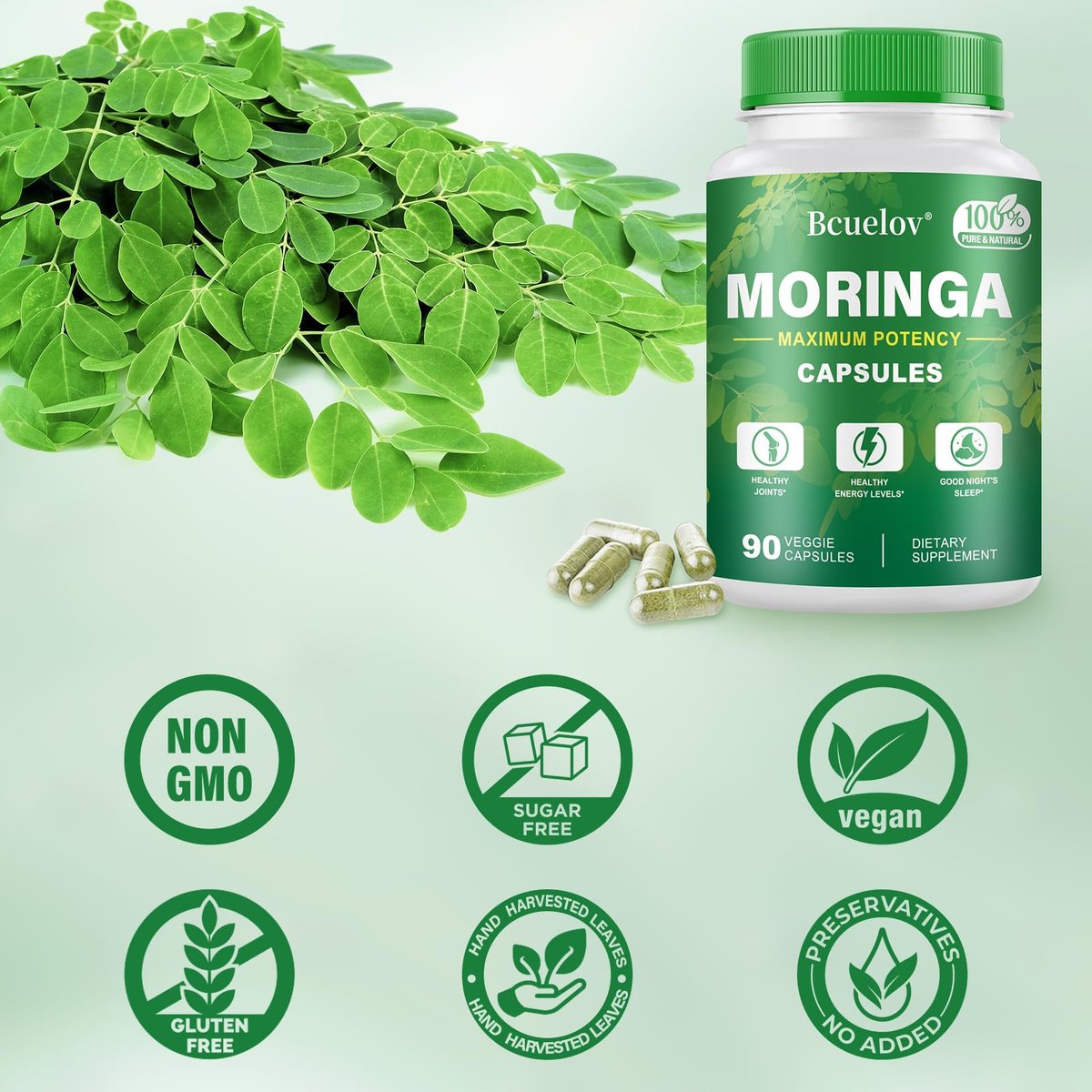 Moringa Kapseln | 800 mg reines Moringa-Pulver – Unterstützt Energie, Haut- und Darmgesundheit, Immunsystem – Grünes Superfood mit Vitaminen & Aminosäuren (90 Kapseln)