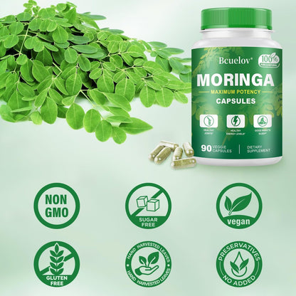 Moringa Kapseln | 800 mg reines Moringa-Pulver – Unterstützt Energie, Haut- und Darmgesundheit, Immunsystem – Grünes Superfood mit Vitaminen & Aminosäuren (90 Kapseln)