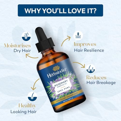 Herbsindia Rosmarinöl für Haare - Riesige 100 ml - 100% rein - Premiumqualität mit Glaspipette, unverdünnt, nicht gentechnisch verändert