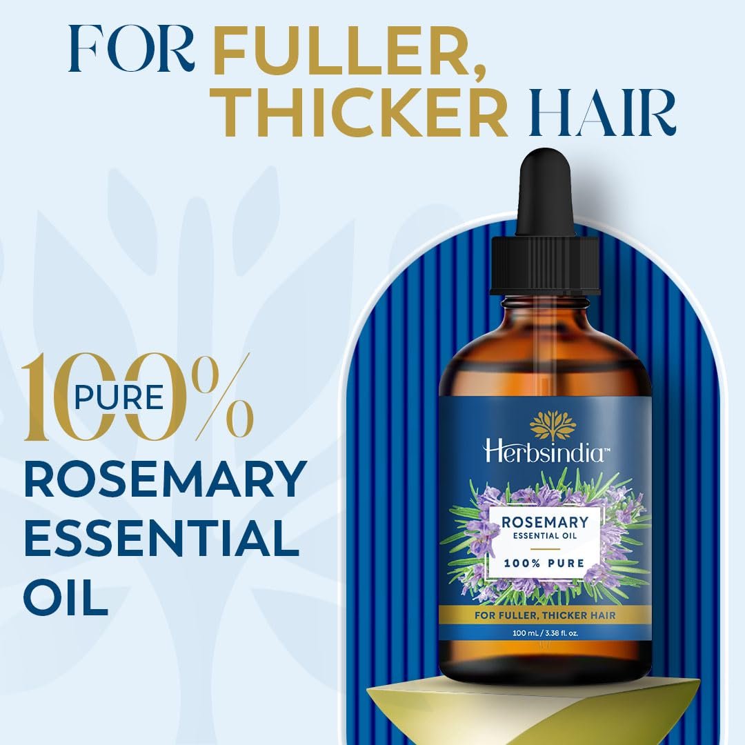 Herbsindia Rosmarinöl für Haare - Riesige 100 ml - 100% rein - Premiumqualität mit Glaspipette, unverdünnt, nicht gentechnisch verändert