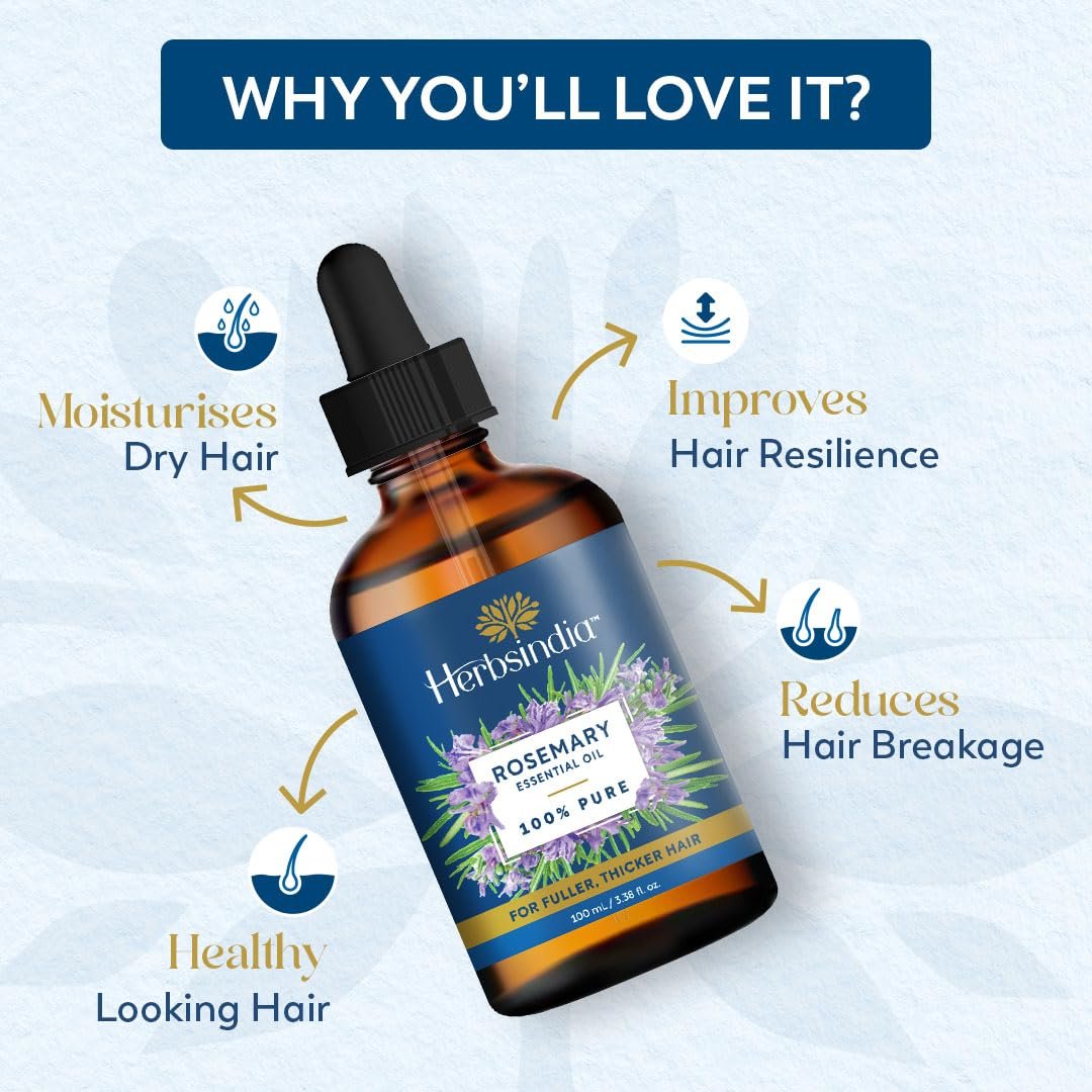 Herbsindia Rosmarinöl für Haare - Riesige 100 ml - 100% rein - Premiumqualität mit Glaspipette, unverdünnt, nicht gentechnisch verändert
