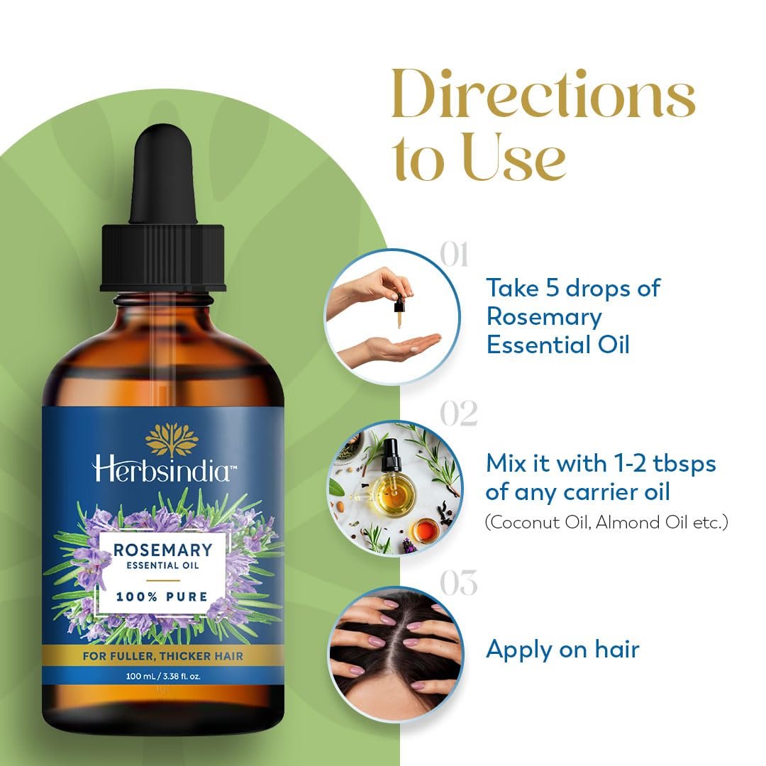 Herbsindia Rosmarinöl für Haare - Riesige 100 ml - 100% rein - Premiumqualität mit Glaspipette, unverdünnt, nicht gentechnisch verändert