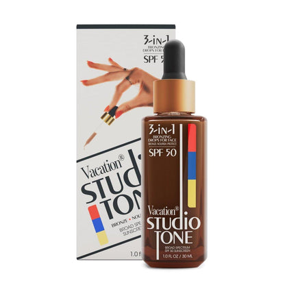 Vacation Studio Tone SPF 50 Sonnencreme Bronzing Drops für das Gesicht – Sonnenküsschen-Bronzer, Make-up-freundliche Tan Drops, nicht-komedogen, Breitband-Sonnenschutz, vegan & tierversuchsfrei, 29,6 ml