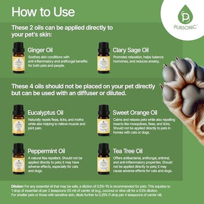 Pursonic Tierfreundliche Aromatherapie-Ölmischungen, 6-teiliges Set mit Eukalyptus, Süße Orange, Pfefferminze, Muskatellersalbei, Teebaum, Ingwer – tierärztlich empfohlen, haustiersicher, 10 ml