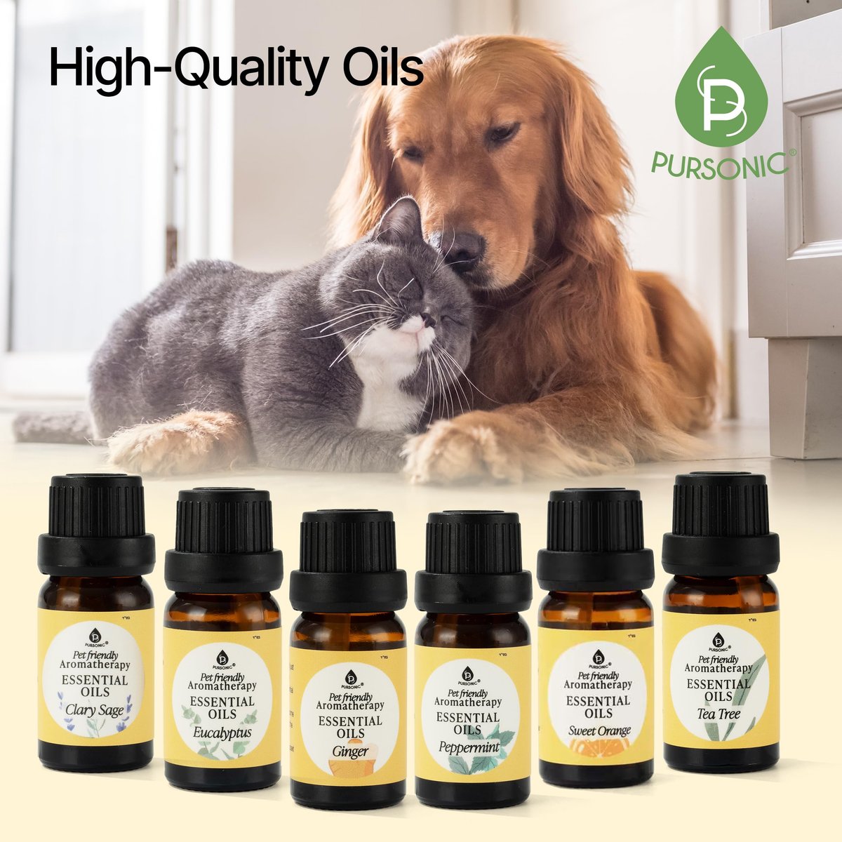 Pursonic Tierfreundliche Aromatherapie-Ölmischungen, 6-teiliges Set mit Eukalyptus, Süße Orange, Pfefferminze, Muskatellersalbei, Teebaum, Ingwer – tierärztlich empfohlen, haustiersicher, 10 ml