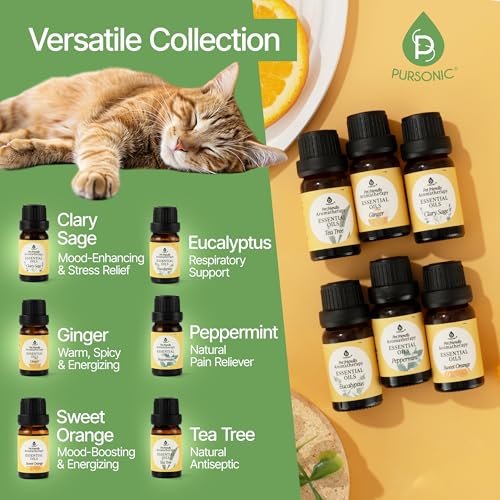 Pursonic Tierfreundliche Aromatherapie-Ölmischungen, 6-teiliges Set mit Eukalyptus, Süße Orange, Pfefferminze, Muskatellersalbei, Teebaum, Ingwer – tierärztlich empfohlen, haustiersicher, 10 ml
