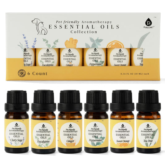 Pursonic Tierfreundliche Aromatherapie-Ölmischungen, 6-teiliges Set mit Eukalyptus, Süße Orange, Pfefferminze, Muskatellersalbei, Teebaum, Ingwer – tierärztlich empfohlen, haustiersicher, 10 ml