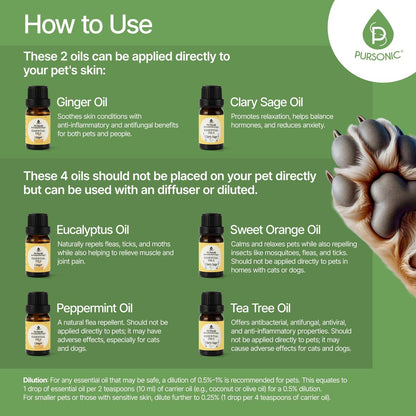 Pursonic Tierfreundliche Aromatherapie-Ölmischungen, 6-teiliges Set mit Eukalyptus, Süße Orange, Pfefferminze, Muskatellersalbei, Teebaum, Ingwer – tierärztlich empfohlen, haustiersicher, 10 ml