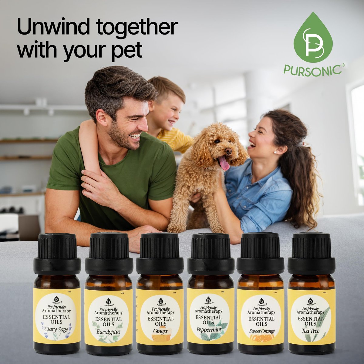 Pursonic Tierfreundliche Aromatherapie-Ölmischungen, 6-teiliges Set mit Eukalyptus, Süße Orange, Pfefferminze, Muskatellersalbei, Teebaum, Ingwer – tierärztlich empfohlen, haustiersicher, 10 ml