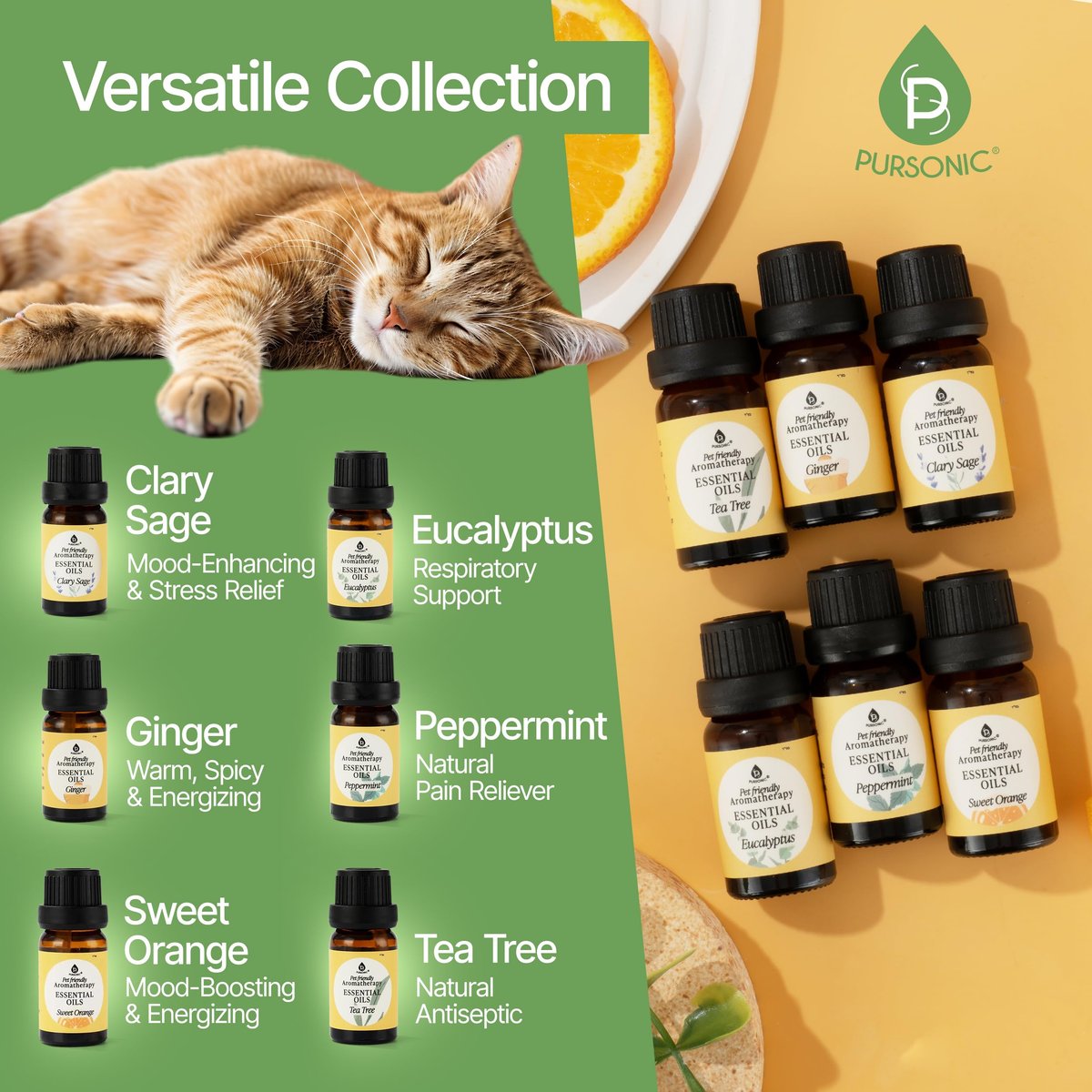 Pursonic Tierfreundliche Aromatherapie-Ölmischungen, 6-teiliges Set mit Eukalyptus, Süße Orange, Pfefferminze, Muskatellersalbei, Teebaum, Ingwer – tierärztlich empfohlen, haustiersicher, 10 ml