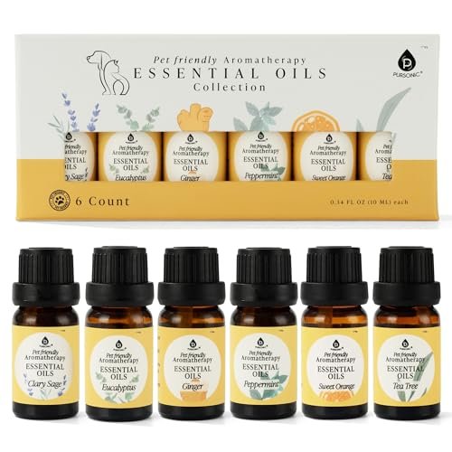 Pursonic Tierfreundliche Aromatherapie-Ölmischungen, 6-teiliges Set mit Eukalyptus, Süße Orange, Pfefferminze, Muskatellersalbei, Teebaum, Ingwer – tierärztlich empfohlen, haustiersicher, 10 ml