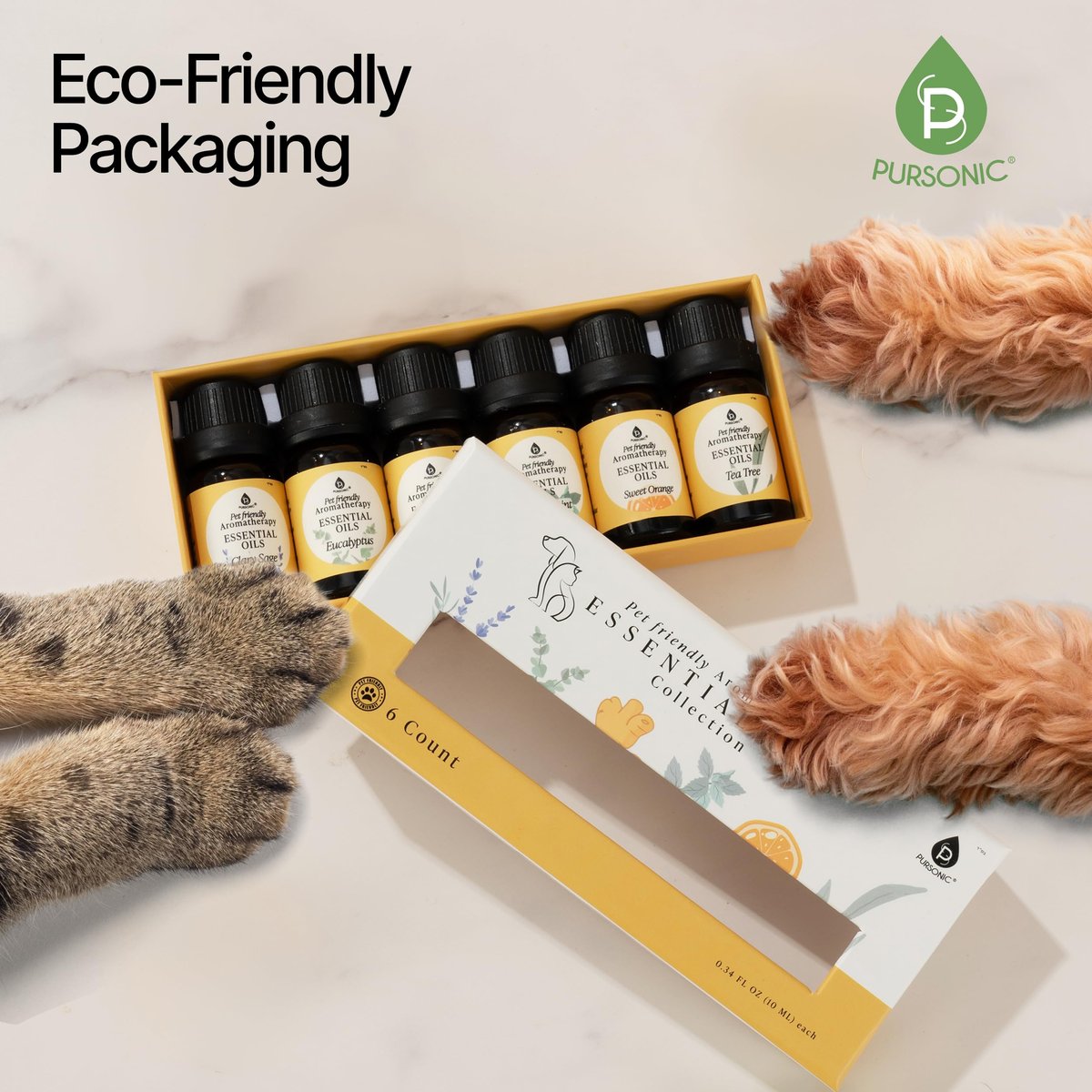 Pursonic Tierfreundliche Aromatherapie-Ölmischungen, 6-teiliges Set mit Eukalyptus, Süße Orange, Pfefferminze, Muskatellersalbei, Teebaum, Ingwer – tierärztlich empfohlen, haustiersicher, 10 ml