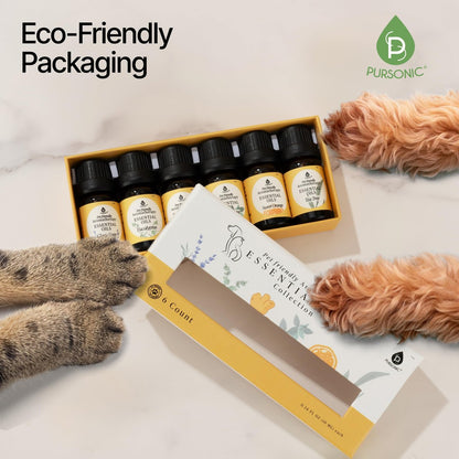 Pursonic Tierfreundliche Aromatherapie-Ölmischungen, 6-teiliges Set mit Eukalyptus, Süße Orange, Pfefferminze, Muskatellersalbei, Teebaum, Ingwer – tierärztlich empfohlen, haustiersicher, 10 ml