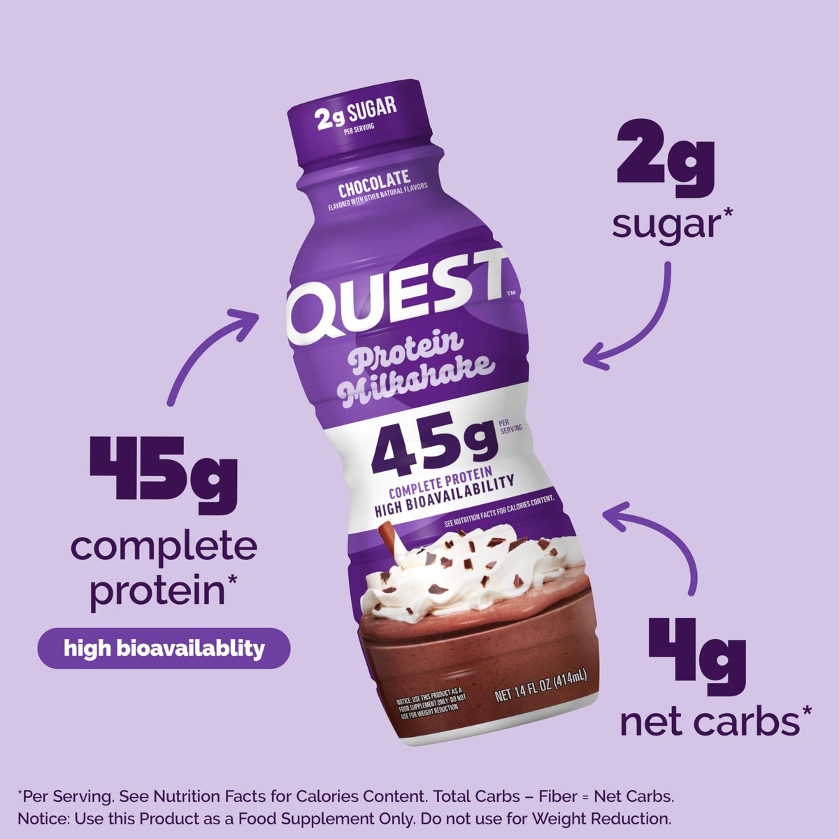 Quest Nutrition Schokoladen-Proteinshake – 45 g Protein, 2 g Zucker, 4 g Netto-Kohlenhydrate, gebrauchsfertig, glutenfrei, 4er-Pack