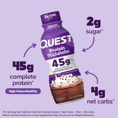 Quest Nutrition Schokoladen-Proteinshake – 45 g Protein, 2 g Zucker, 4 g Netto-Kohlenhydrate, gebrauchsfertig, glutenfrei, 4er-Pack