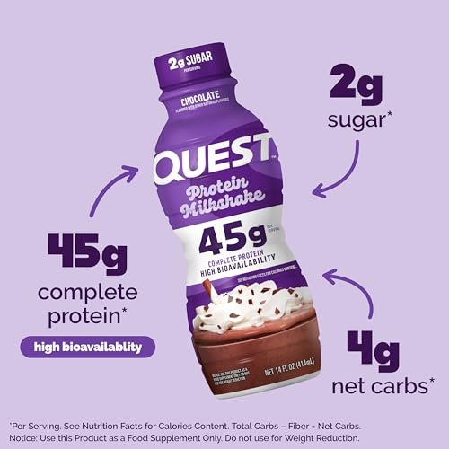 Quest Nutrition Schokoladen-Proteinshake – 45 g Protein, 2 g Zucker, 4 g Netto-Kohlenhydrate, gebrauchsfertig, glutenfrei, 4er-Pack