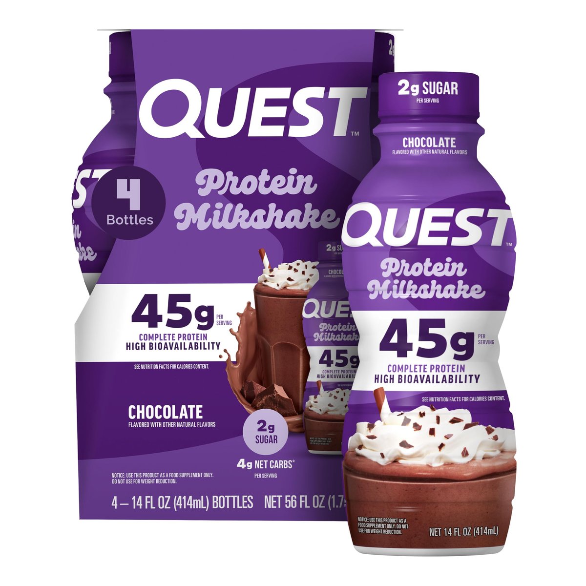 Quest Nutrition Schokoladen-Proteinshake – 45 g Protein, 2 g Zucker, 4 g Netto-Kohlenhydrate, gebrauchsfertig, glutenfrei, 4er-Pack