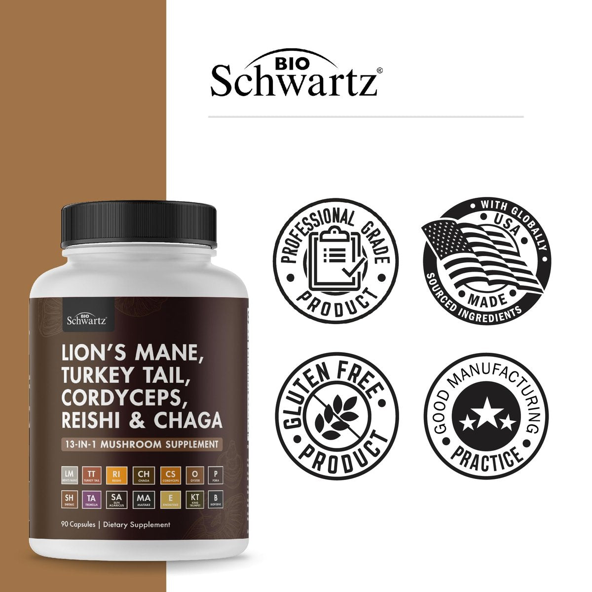 BioSchwartz 13-in-1 Pilzkomplex Kapseln - Bio-Pilz Nahrungsergänzung mit Löwenmähne, Chaga, Reishi, Cordyceps - Unterstützt Fokus, Energie, Immunsystem - mit BioPerin für Absorption, 90 Kapseln