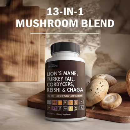 BioSchwartz 13-in-1 Pilzkomplex Kapseln - Bio-Pilz Nahrungsergänzung mit Löwenmähne, Chaga, Reishi, Cordyceps - Unterstützt Fokus, Energie, Immunsystem - mit BioPerin für Absorption, 90 Kapseln